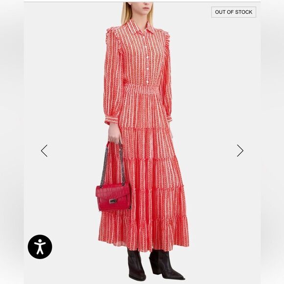 The Kooples RED AND WHITE FLORAL PRINT LONG DRESS WITH RUFFLES NWT - Picture 3 of 13